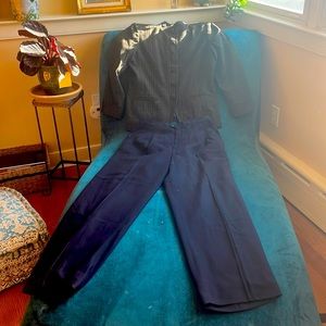 Classic 90s womens suit; navy/green plaid jacket with lined navy pants